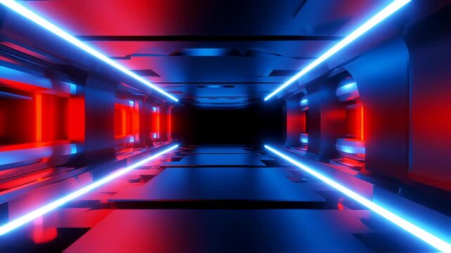 Futuristic tunnel with neon lights, red and blue hues, leading into a dark void