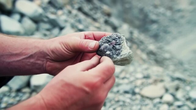 Close-up of hands holding a textured rock specimen, examining its surface. Background of other rocks