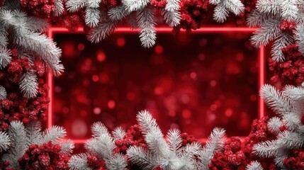 A festive, vibrant frame of snowy pine branches surrounds a glowing red backdrop, creating a winter wonderland display.