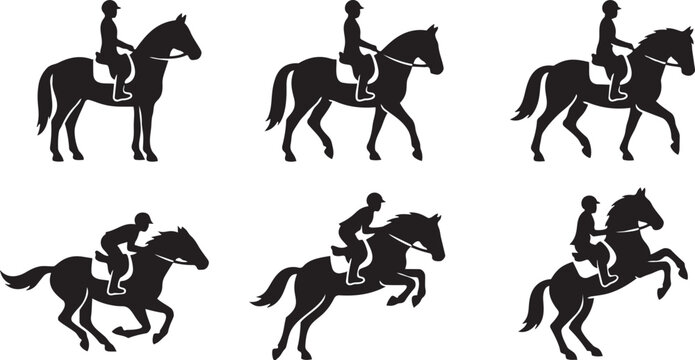Silhouette collection of horse riding and jumping equestrian sports