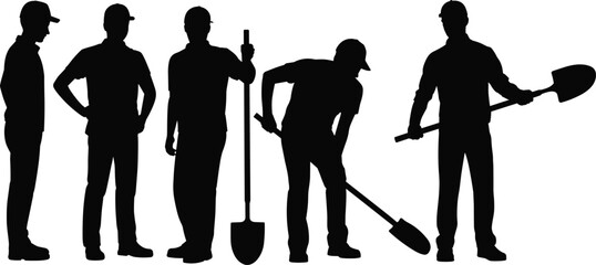 Obraz premium Construction worker silhouettes with tools, manual labor teamwork concept, black vector illustration of builders digging, working, industry workforce