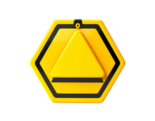 Bold yellow safety icon, hexagonal with triangle, on black background