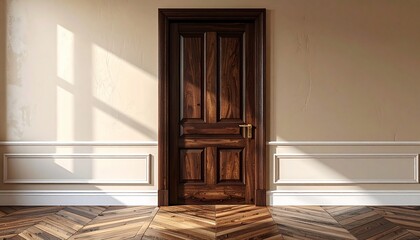 A wooden door with paneled design against a beige wall, sunlight and classic trim