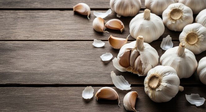 A wooden table with garlic bulbs and cloves scattered on it.