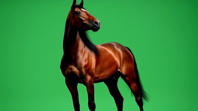 A majestic brown horse with a black mane and tail stands against a vibrant green backdrop