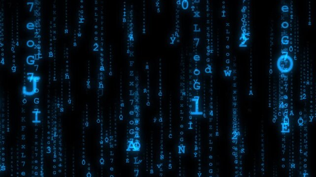 Raining binary code background, Digital blue binary code raining down in matrix style technology background representing cyber security and data flow 4K