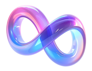 Glossy, iridescent infinity symbol, rendered with colorful light effects, on black