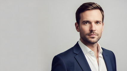 A close up studio portrait of a confident man wearing a formal suit and white shirt