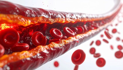 Close-up medical illustration of blood vessel with flowing red blood cells, glowing inside