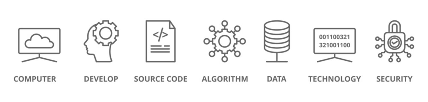Banner programming and coding background vector illustration with icons and keywords