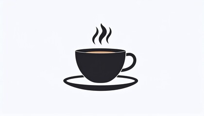 Simple illustration of a dark coffee cup on a saucer, with steam rising from the hot beverage