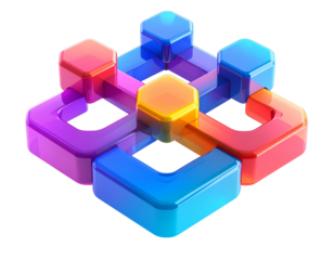 3D geometric network of connecting, colorful, translucent cubes