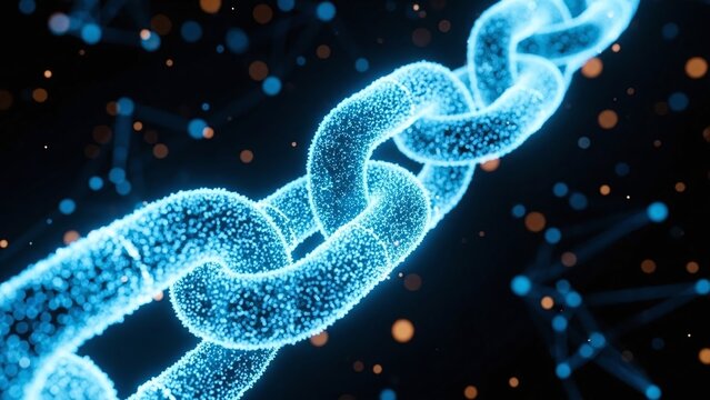 Blockchain technology represented by a glowing blue chain - Powered by Adobe