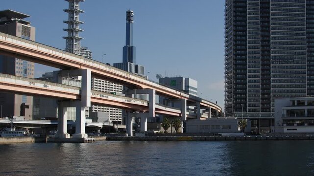 Elevated highway, Hamate Bypass traffic in Kobe Japan city waterfront