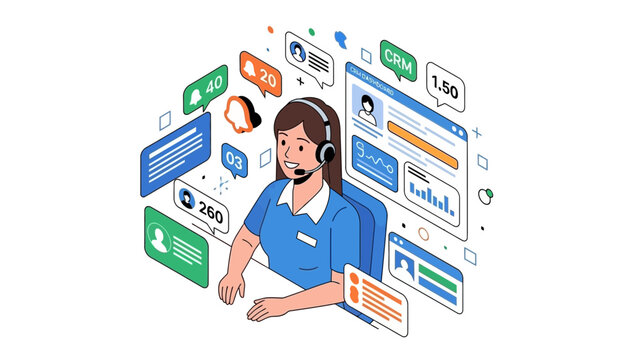 Customer Service Representative with Headset and Screens.
