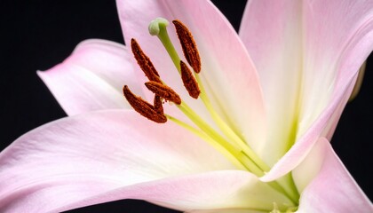 Close-up of a pink lily with yellow stamens and a black background