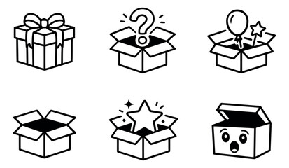 Fototapeta na wymiar Line art mystery box icon set featuring presents, question marks, and surprise elements for promotions