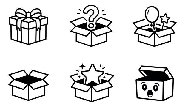 Line art mystery box icon set featuring presents, question marks, and surprise elements for promotions