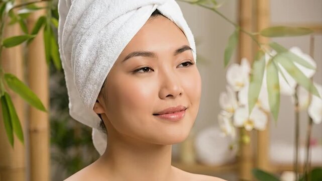 A beautiful young person with a fresh, radiant complexion gazes serenely at the camera, exuding a sense of peace and natural beauty. Their hair is neatly wrapped in a soft white towel, suggesting a mo