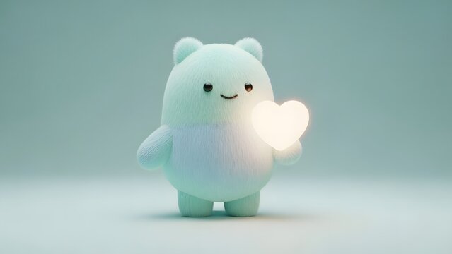 Cute fluffy creature holding a glowing heart. Love and kindness concept. Adorable blue monster showing affection with light on soft background