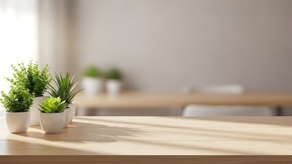 Minimalist Wooden Table with Potted Green Plants and Bright Blurred Background for Product Display