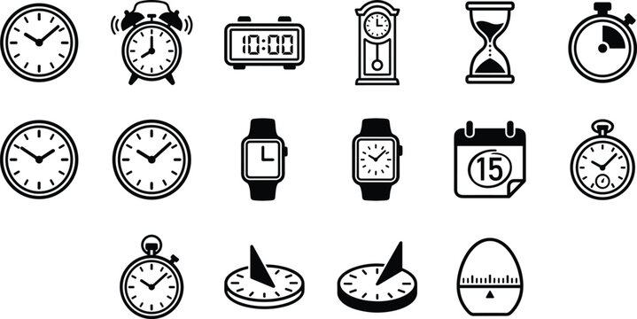 Set of Minimalist Black Time and Clock Icons Featuring Alarm, Sandglass, Stopwatch, Digital Display, Wristwatch, Sundial, and Calendar Symbols.