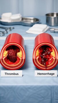 Medical artery model blood vessel thrombus hemorrhage blood clot stroke comparison anatomy cross section illustrate blocked blood flow risk internal bleeding concept education realistic healthcare