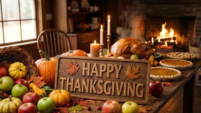 A beautifully arranged rustic wooden table is laden with a generous autumn feast, featuring a golden roasted turkey as the centerpiece. A prominently displayed wooden sign reads "Happy Thanksgiving," 