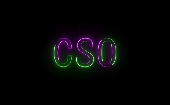 Glowing neon CSO text pulses confidently, shield, chart, and network icons animate, cyber flickers suggest leadership, security, oversight, strategy, and futuristic executive control systems globally.