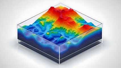 Colorful 3D digital terrain map with varied topographical elevations and subsurface data layers in a transparent cube, for scientific and geographical insight