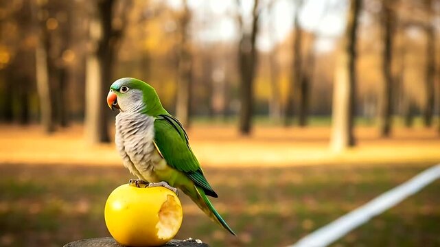 Captivating close-up of a green Quaker parakeet perched on a yellow apple with golden autumn sunlight and forest bokeh.