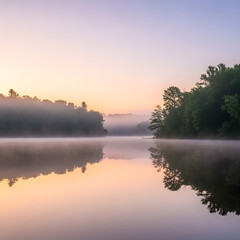 Fototapeta premium Serene Lake Scene with Whisk, Trees, and Misty Morning Atmosphere