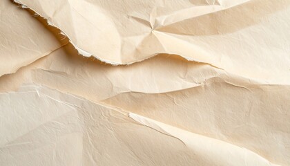 Macro shot of torn, crumpled, and folded paper with textured surface and soft lighting