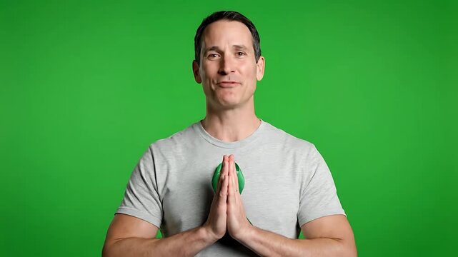 Man with hands in Namaste gesture holding small green object, symbolizing peace and wellness on a green screen background.