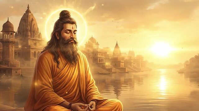A golden digital portrait of guru ravidas meditating peacefully with a glowing halo over the serene river city at sunset.