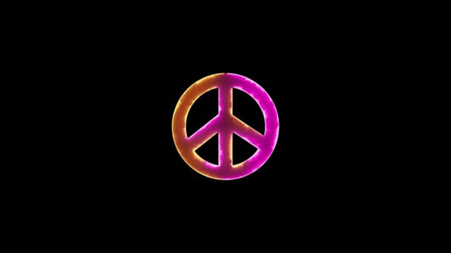 Glowing neon peace isolated icon animation on black color background.