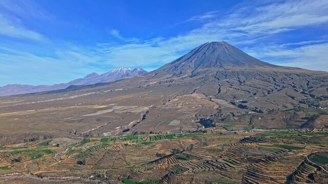 Aerial view of Mount Misti and Chachani Peru showing lava flows cascading down Misti&rsquo;s slopes into sprawling terraced farmland. The different height perspective emphasises scale in Dramatic Scene