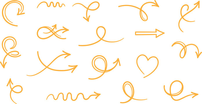 Vector illustration of decorative red arrow icon set with swirls, loops, hearts, and artistic motion design element