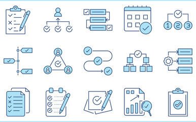 A set of flat icons related to Checklist. Business, process, completed, task, flowchart, documents, and so on.