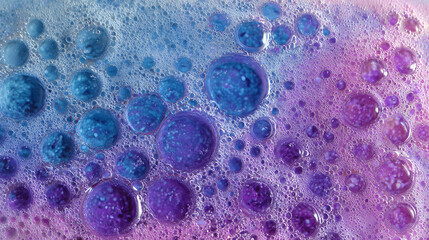 Colorful soap sud bubbles with blue and purple tones forming abstract liquid texture, suitable for science or creative backgrounds.