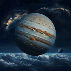 High resolution rendering of Neptune with turbulent atmosphere above cloud layers, set in deep space with dramatic lighting.