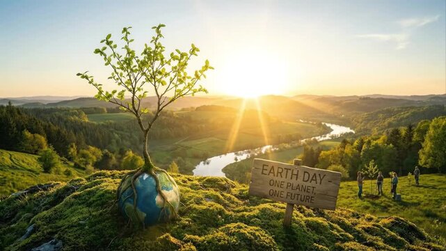 A captivating conceptual scene unfolds at either sunrise or sunset over a majestic natural landscape, bathed in warm, golden light. A small, vibrant tree with fresh green leaves gracefully sprouts fro