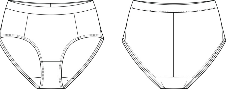 Technical flat sketch of high-waisted underwear with gusset panel, waistband, seam details, front and back views in vector format