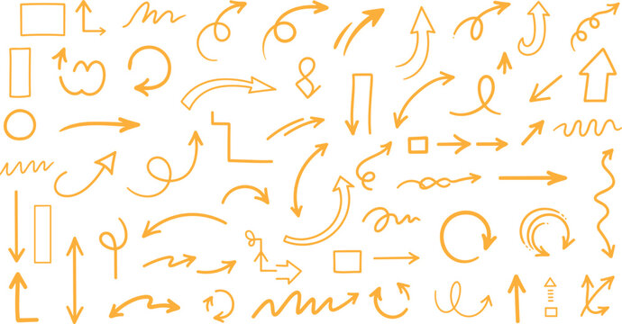 Vector illustration of hand-drawn arrow icon set with mixed shapes, sketch style, and directional design element