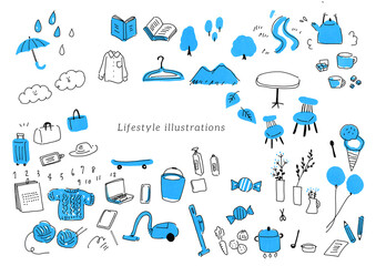 Hand Drawn Green Lifestyle Icons with Nature and Home Elements　手描きのライフスタイルアイコンセット　暮らしのイラスト