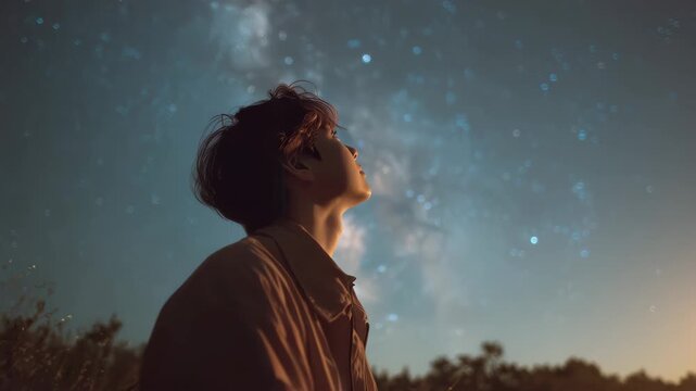 Person looks up at night sky filled with stars while standing in an open field under a clear sky in a remote location