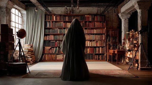 Large room filled with tall bookshelves and various items with wooden furniture in an old style setting during daylight hours