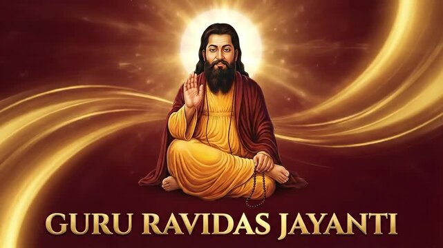 A warm, spiritual digital illustration of guru ravidas seated and blessing, highlighted by a golden glow for guru ravidas jayanti.