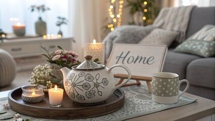 Fototapeta premium Ceramic teapot and polka dot mug resting on wooden tray indoors
