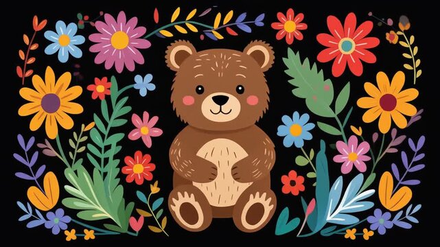 Cute bear surrounded by colorful flowers on a black background animation clip